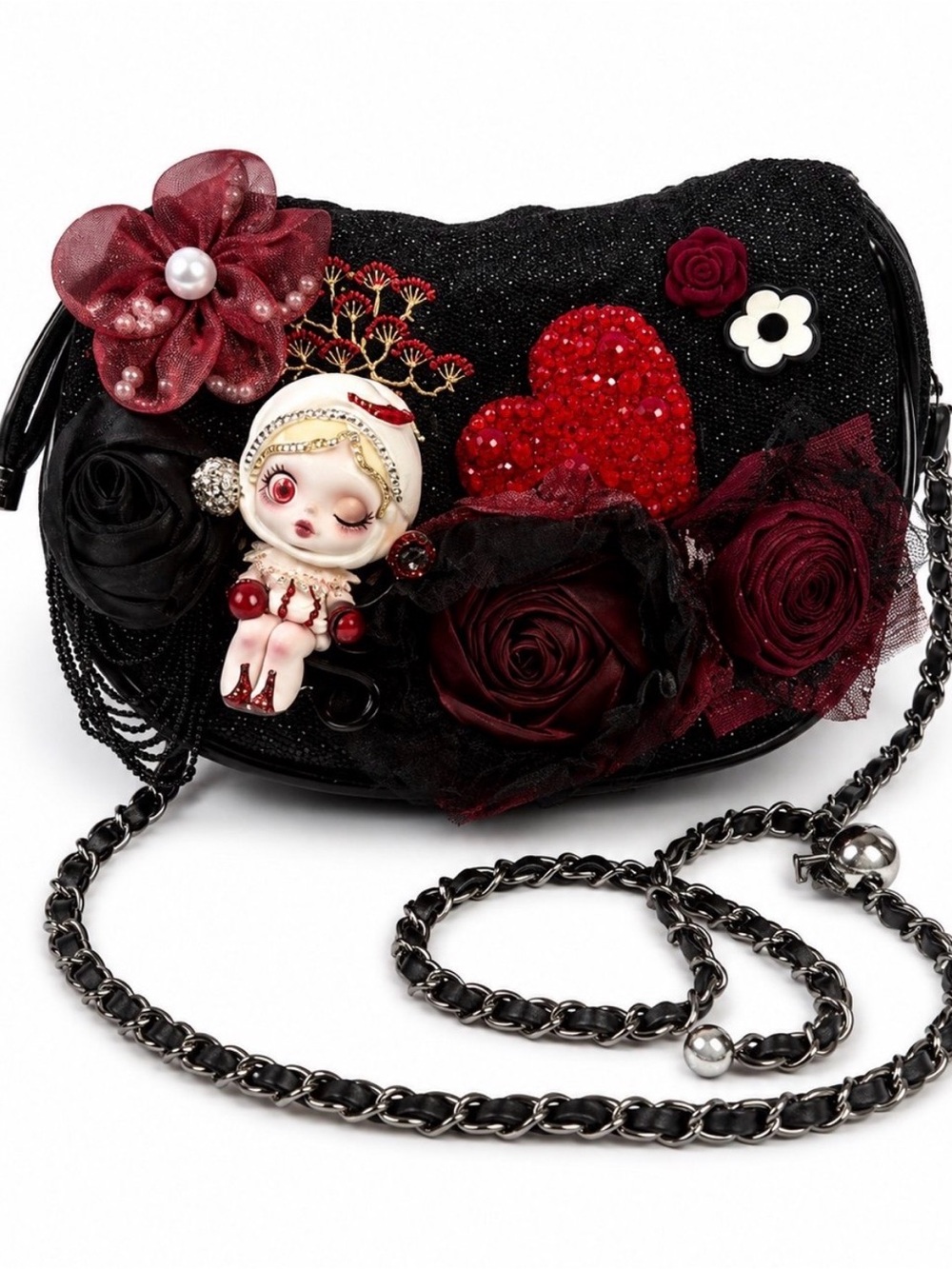 Pop Mart SKULLPANDA the duality Black & Burgundy Embellished Crossbody